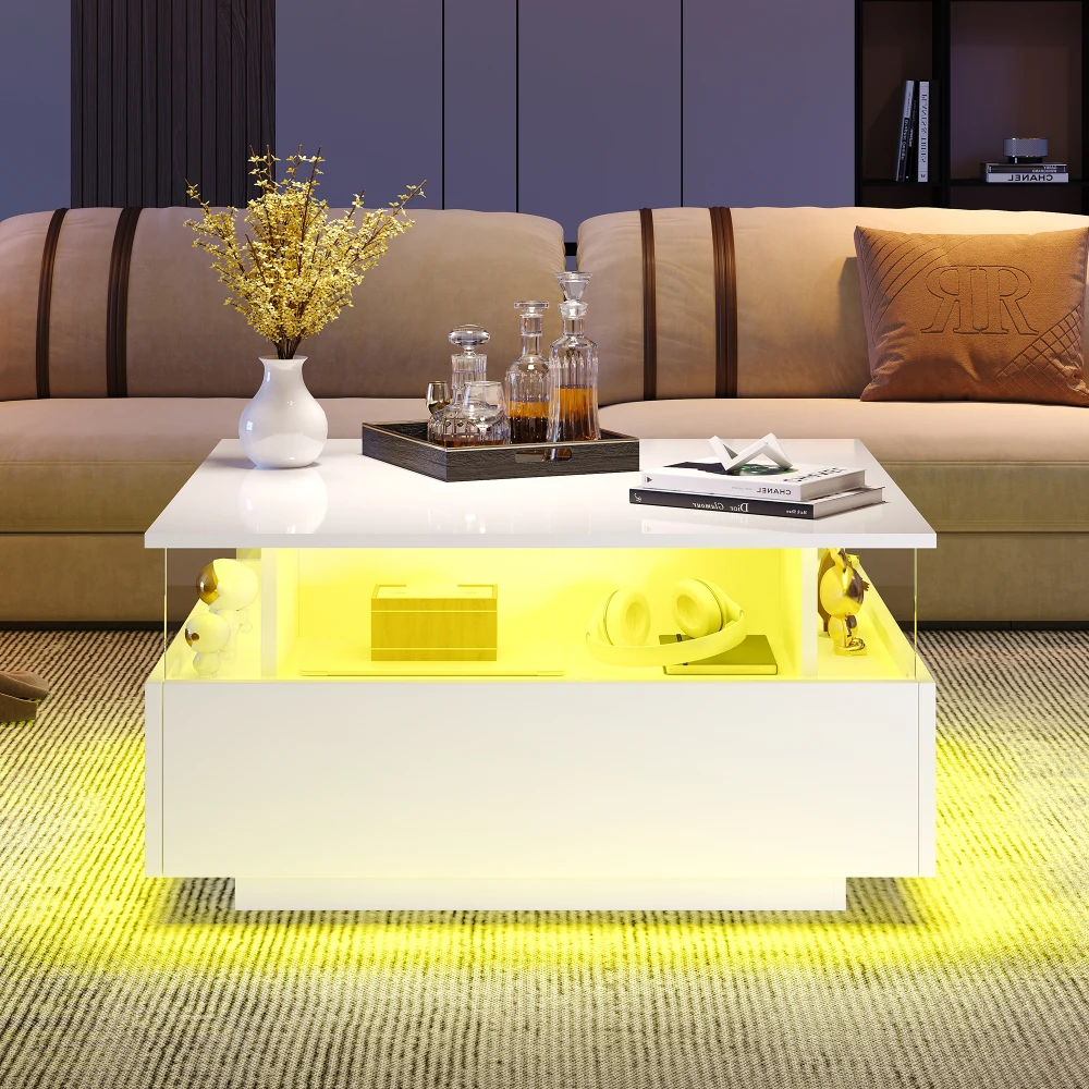 70 x 70 x 41 cm großer moderner Hochglanz-LED-Couchtisch mit 2 Schubladen und transparentem Präsentationsbereich, belastbar bis zu 30 kg – Detail 29
