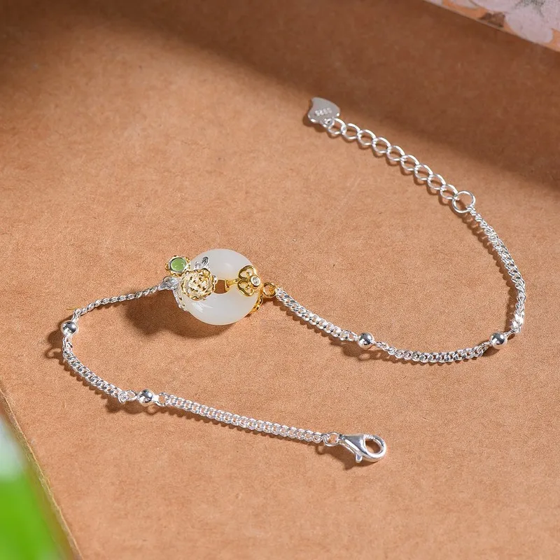 S925 Silver Inlaid With Hetian Jade Peace Ring, White Green Bracelet, Versatile And Elegant Hand Accessory