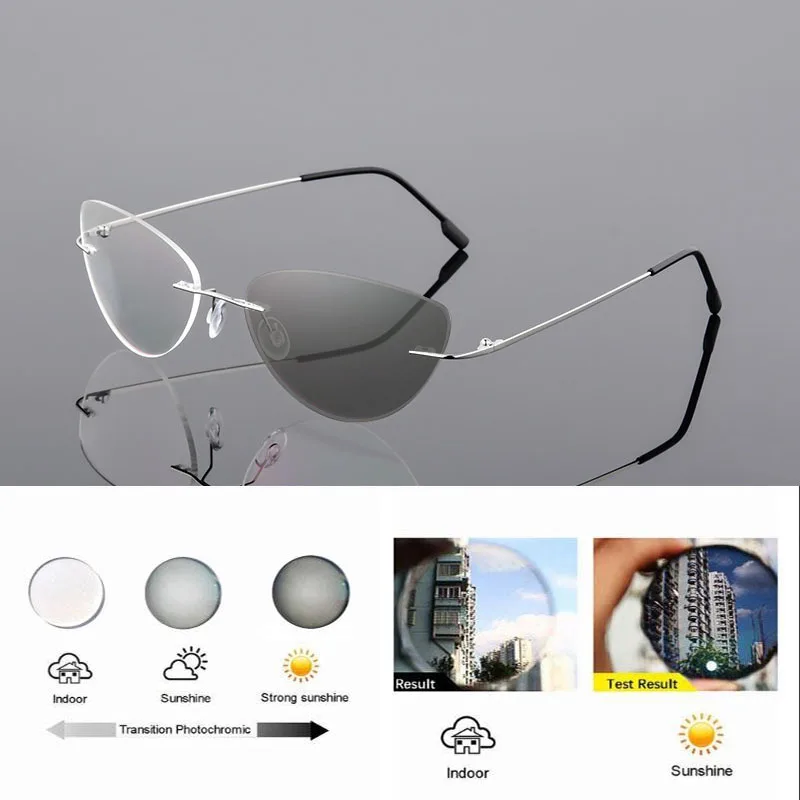 Randlose Memory Titan Legierung Photochrome Lesebrille Frauen Cat Eye Rezept Presbyopie Brillen Klare Verfärben Gläser – Detail 6