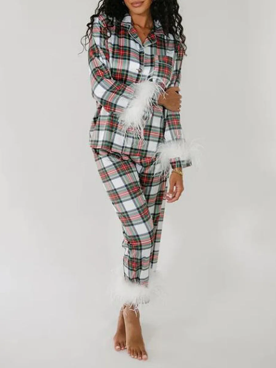 Women\'s 2 Piece Pajama Set Long Sleeve Lapel Button Up Shirt Tops Solid Color/Plaid Pants 2024 Christmas Party Sleepwear Sets