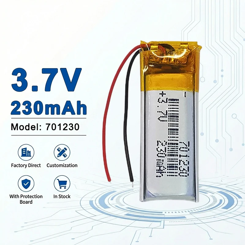 3.7V 230mAh 701230 Rechargeable LiPo Lithium Polymer Battery for Bluetooth Earphone Smart Wearables 701240 701250 701435 701530
