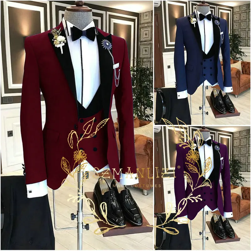 

2023 Custom Made 3-Piece Burgundy Smoking Blazer Casual Business Gentlemen Groom Suits Prom Suit For Men Wedding Best Man Tuxedo