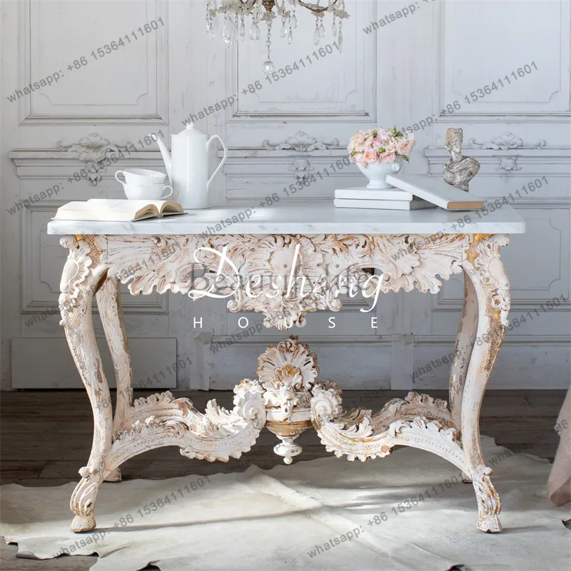 European antique solid wood hand-carved porch foyer entrance table marble