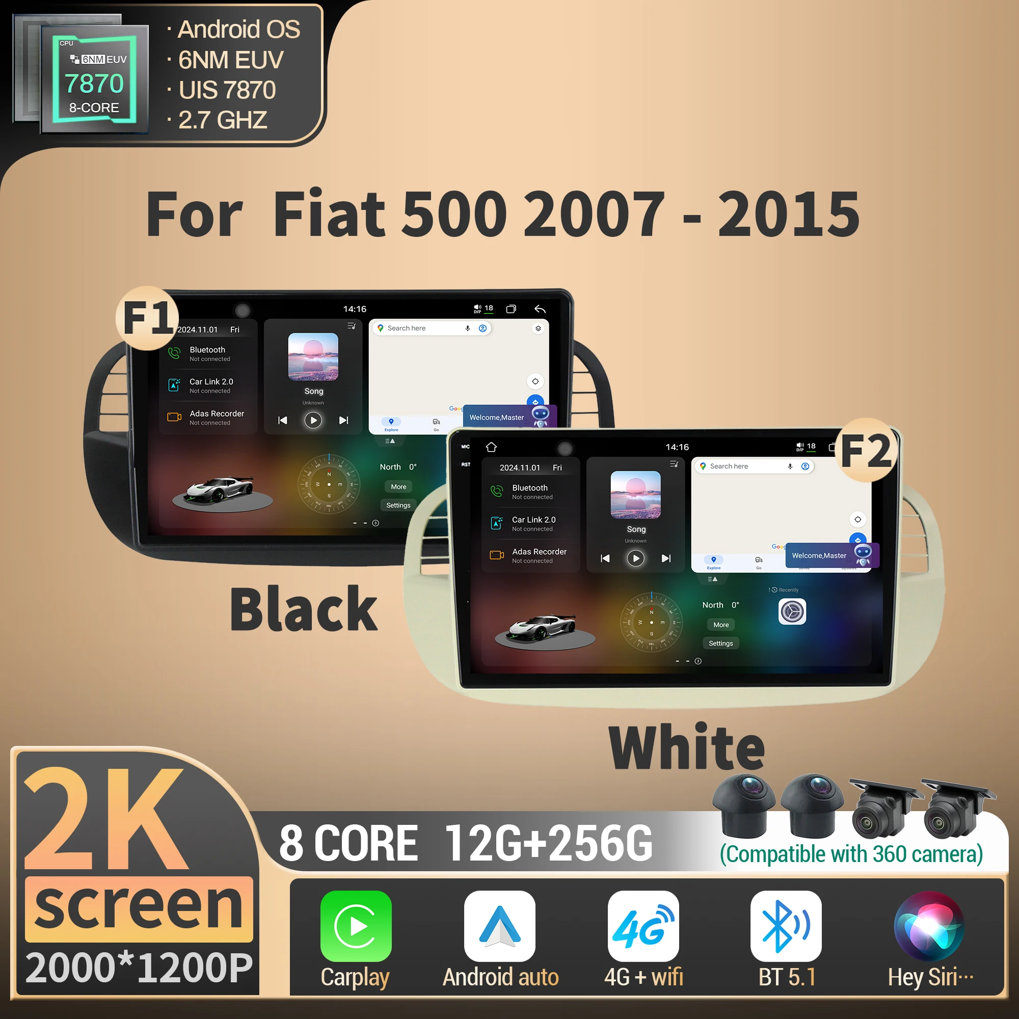 

Android For Fiat 500 2007-2015 Car Radio Navigation Multimedia Wireless BT Carplay 4G GPS CPU 7870 2K QLED Screen Stereo