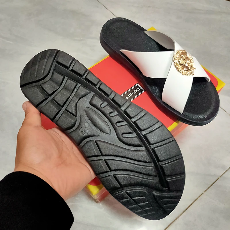 NEW Cow Leather slippers couple indoor non-slip men women home fashion casual single shoes PVC soft soles Zapatos Hombre