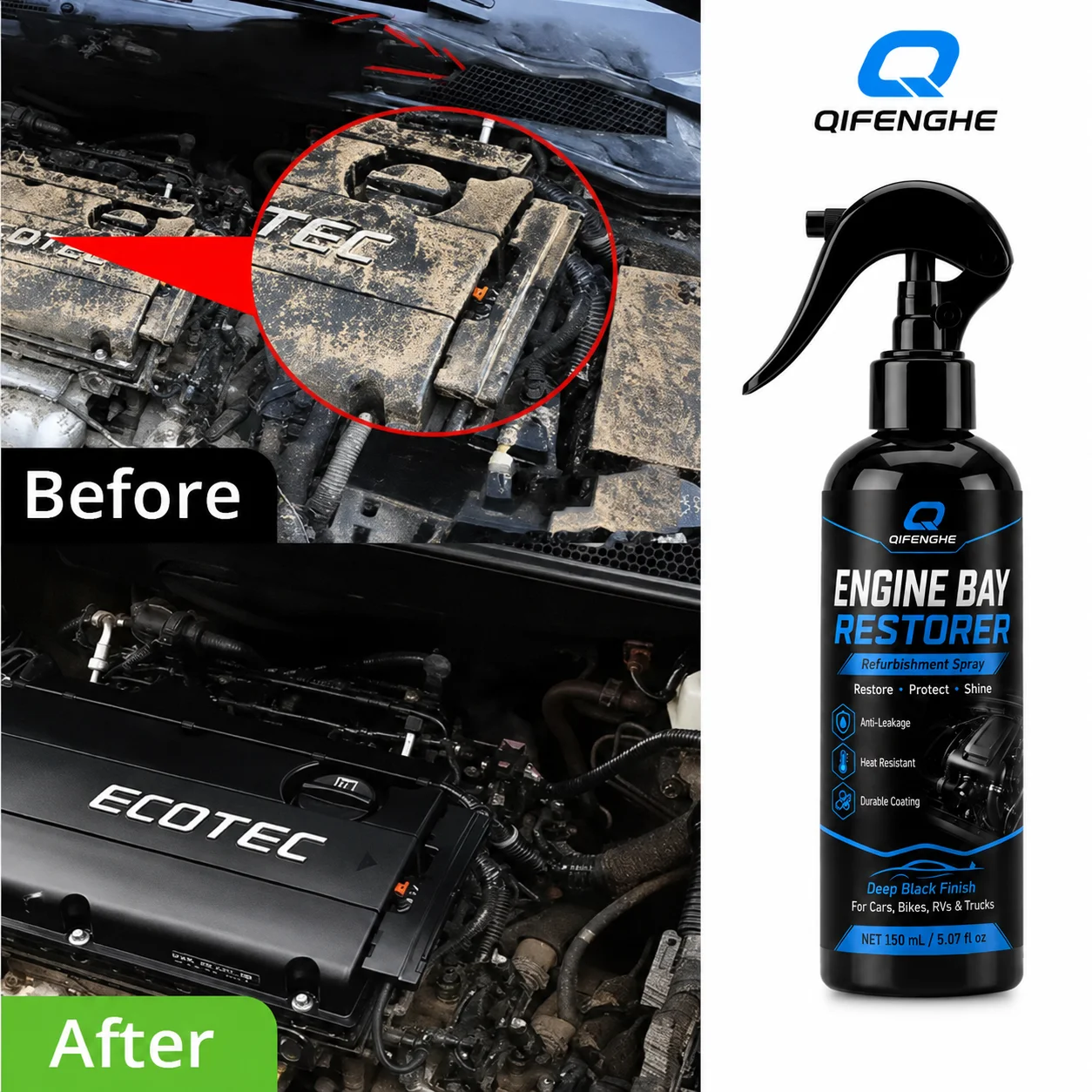 Engine Bay Refurbishing Spray 150ml Anti Leakage Heat Resistant Coating Cleaner Restorer for Car Motorcycle Truck RV Plastic Kit