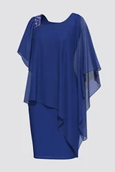 Plus Size Summer Women Dress Elegant Cold Shoulder Overlay Asymmetric Chiffon Cloak Solid Color Round Neck Dress Hot Apparel