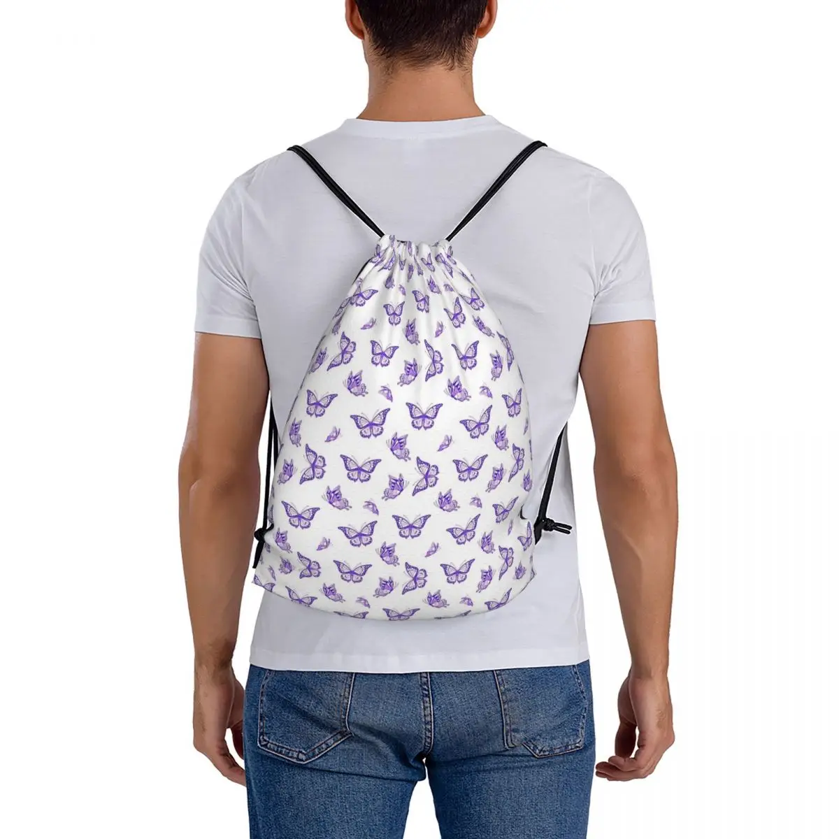 The Purple Butterfly Print Backpacks Casual Drawstring Bags Drawstring Bundle Pocket Sports Bag Book Bags For Man Woman Students