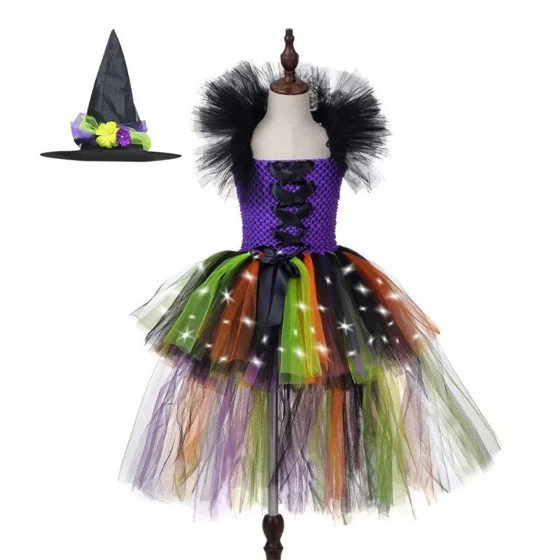 Girls' Long LED‑Light Witch Tulle Dress, Kids' Halloween Carnival Gown, Children's Trailing‑Design Stage Performance Costume