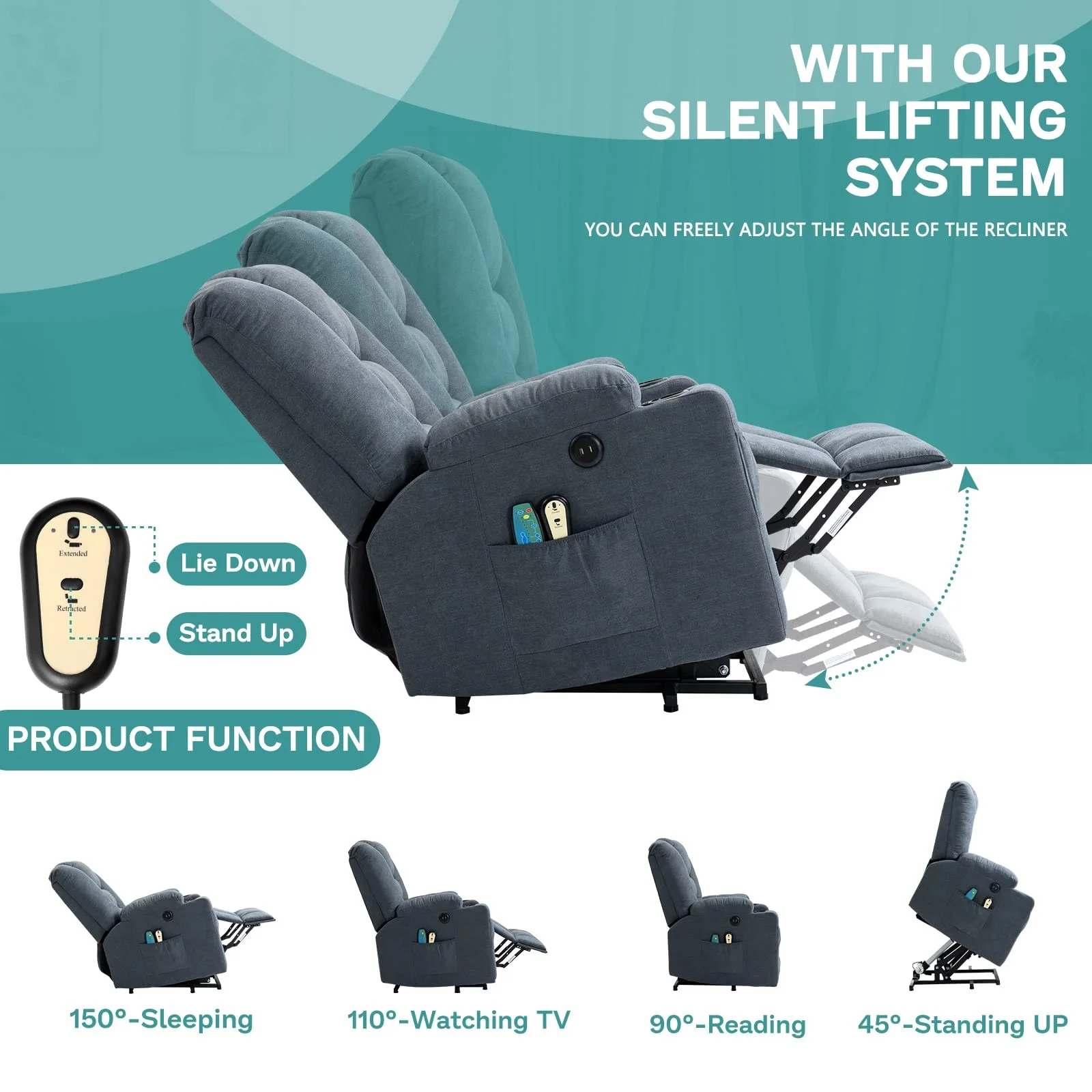 مسرح منزلي كهربائي كرسي كهربائي أوتوماتيكي لرفع الأرائك مجموعة كراسي الأثاث لكبار السن المساعدة في الالتقاط مع التدليك الحراري #5