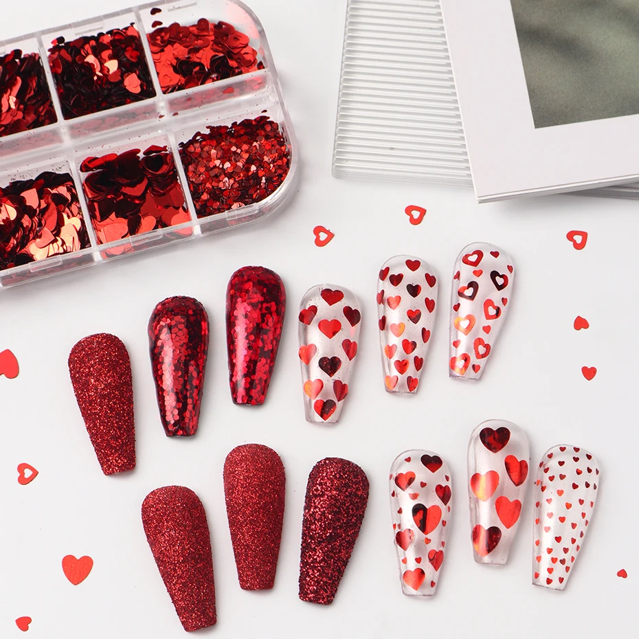 12 Grids Red Heart Valentine Nail Glitter Sequins Fine Chrome Powder 3D Hexagon Flakes Dust French Manicure Wedding Nail Decor