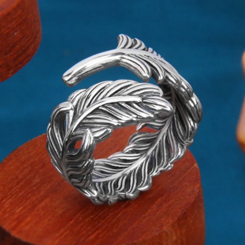 BOCAI New Real S925 Silver Retro Personality Trendy Wide Version Feather Ring for Men and Women Hip Hop Punk Jewelry Accessories