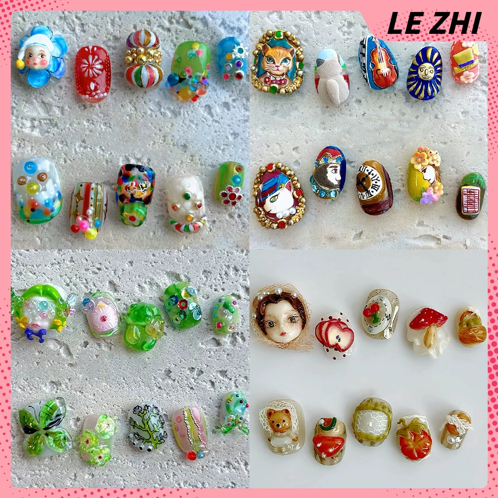 10 Uds. De uñas postizas reutilizables redondas y cuadradas cortas con forma de seta elfo hechas a mano de alta calidad, cuentas de colores de mariposa y gato, prensa de cereza en las uñas