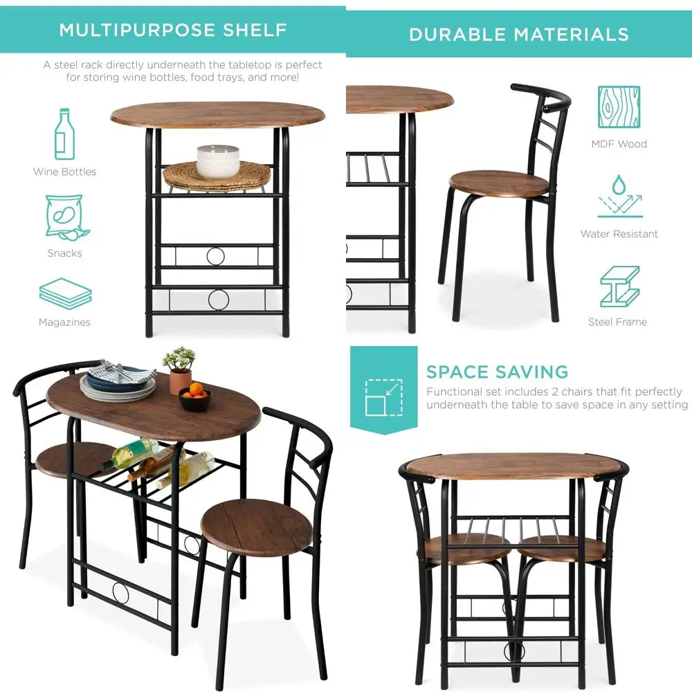 

Compact 3-Piece Round Wooden Table and Chairs Set with Built-in Wine Rack for Kitchen or Dining Area in Black/Brown