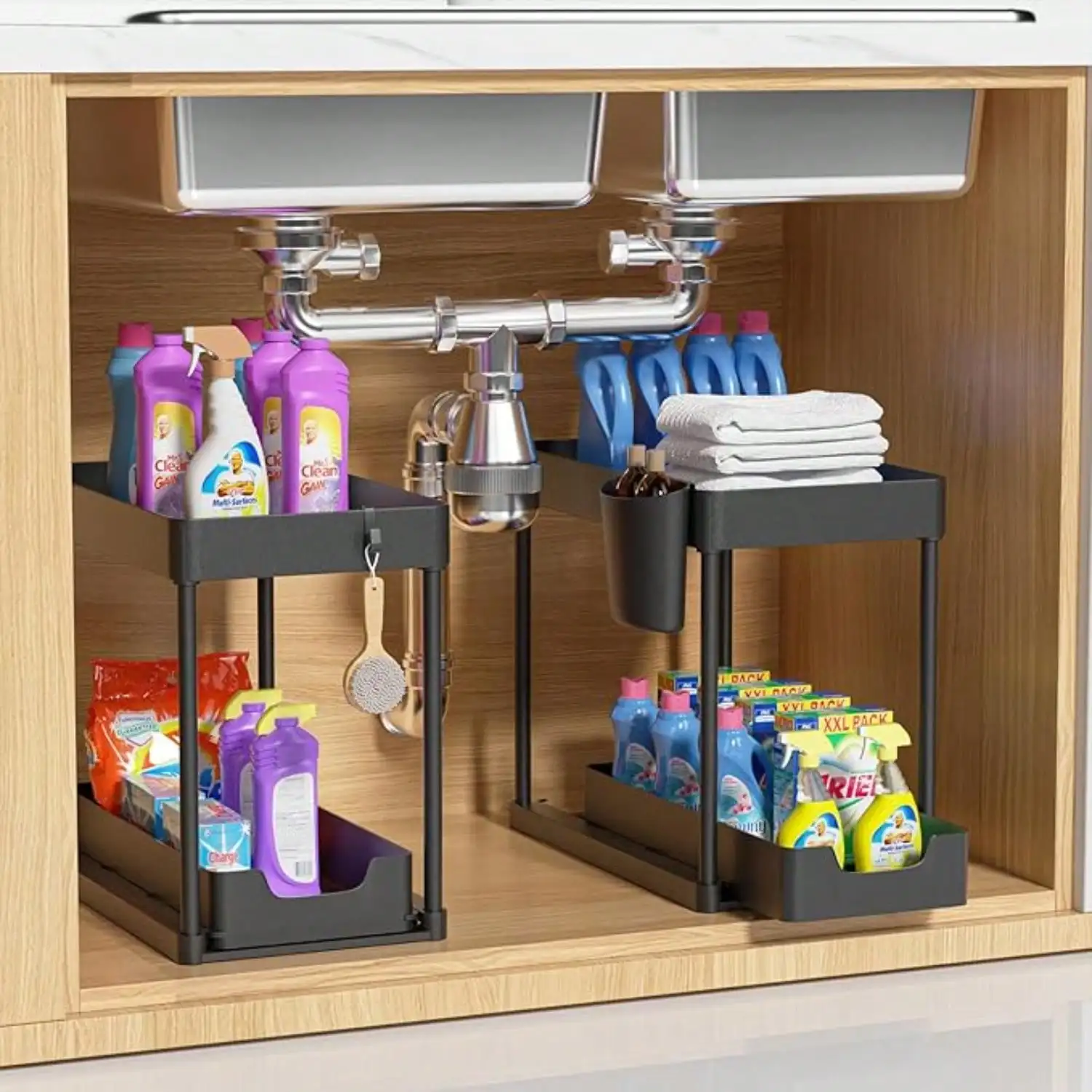 Sliding Under Sink Storage Rack, 2 Tier Bathroom Cabinet Organizer With Double Drawer Pull Out Basket, Multi-Purpose Shelf For Kitchen Counter Pantry Laundry, Space Saving Rack With 4 Side Hooks & 2 Hanging Baskets, Black, Easy Pull Out, Strong & Stable