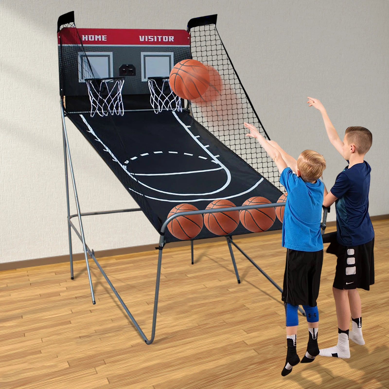 Arcade Basketball Play Set with Electronic Score Counter, 2 Players Dual Shot Basketball Hoop 210 Cm, 4 Balls 8 Game Modes