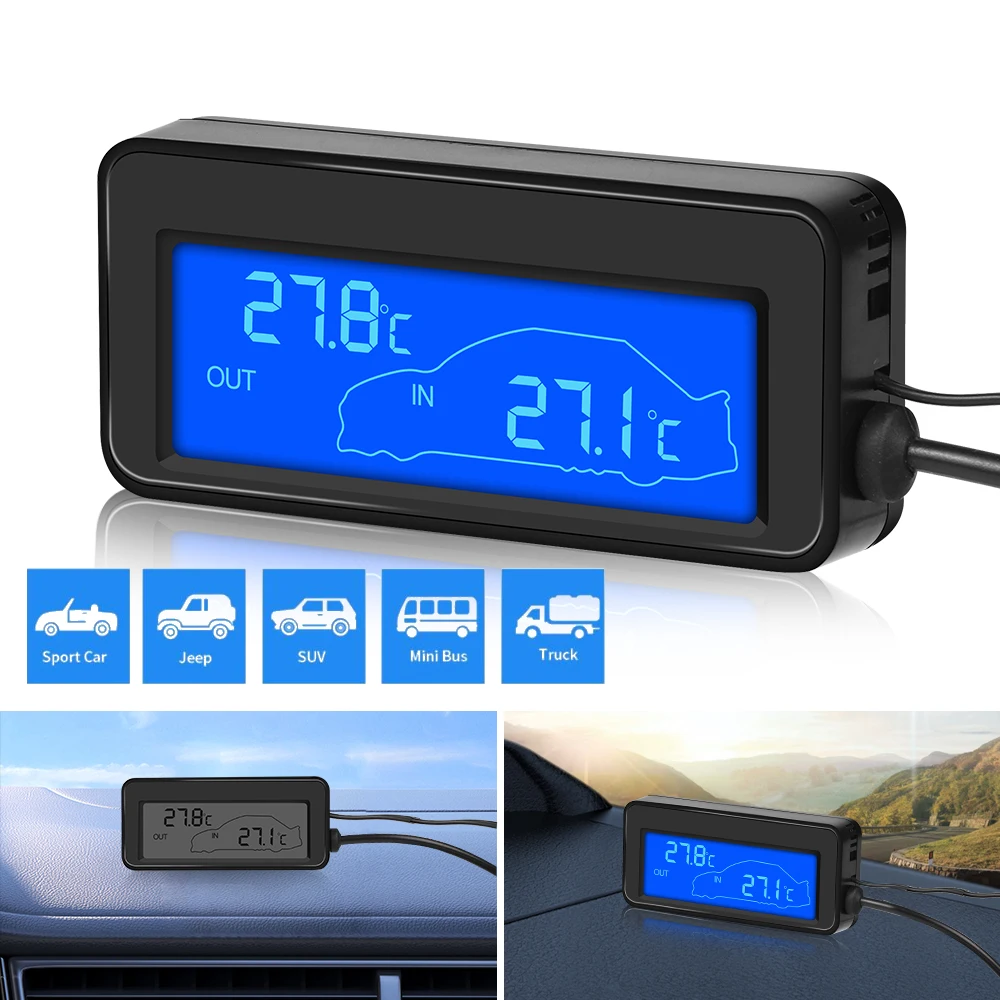 Termometro digitale per auto Mini LCD impermeabile per interni ed esterni comodo sensore di temperatura con cavo accendisigari da 1.5M