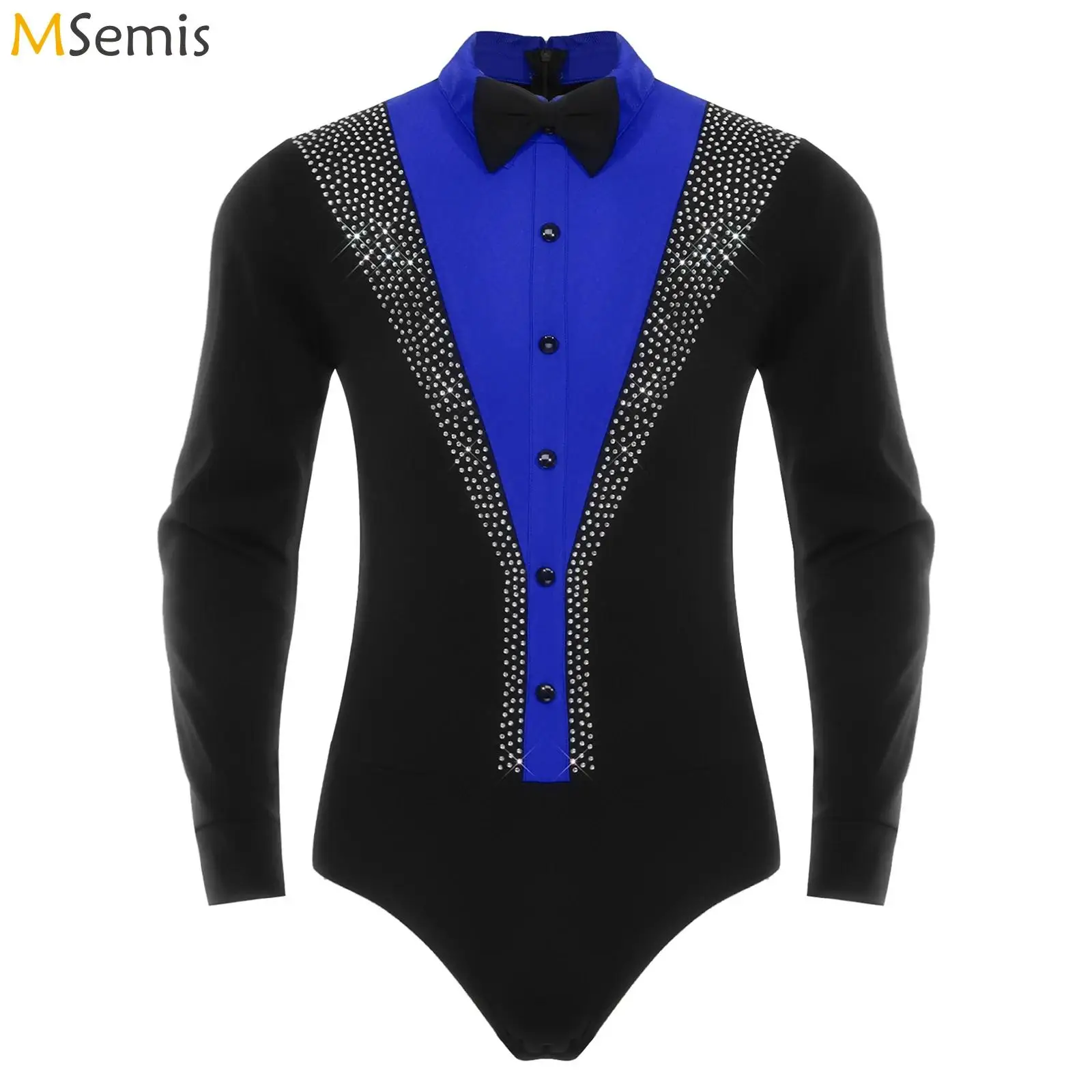 

Mens Latin Dance Bodysuit Shirts with Bowtie Gymnastics Figure Skating Performance Costume Shiny Rhinestone Leotard Jumpsuit