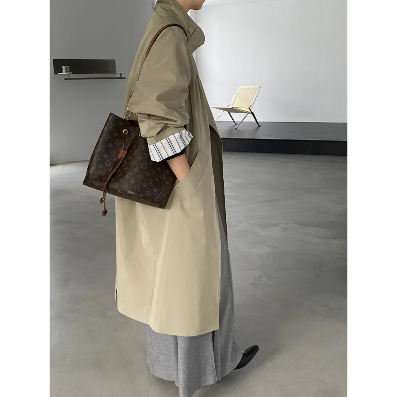 معطف طويل بزر واحد، بلوزة نسائية مخططة كبيرة الحجم ذات طبقات أنيقة