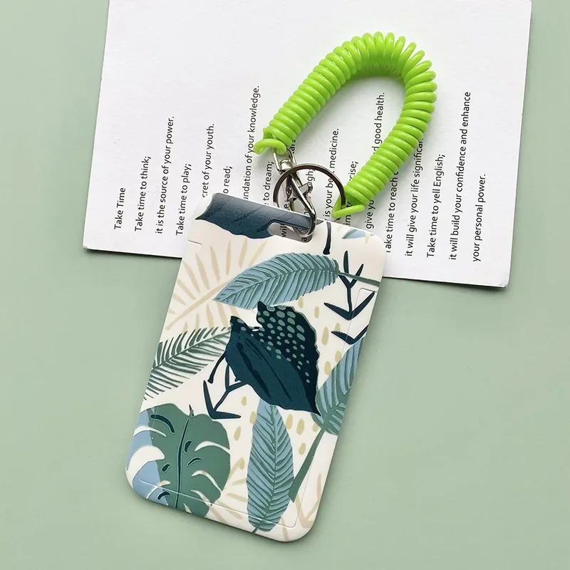 Plastic Student Bus ID Name Badge Card Holder Cover Case Women Protection Credit Card Bags with Lanyard String Green Plant Print