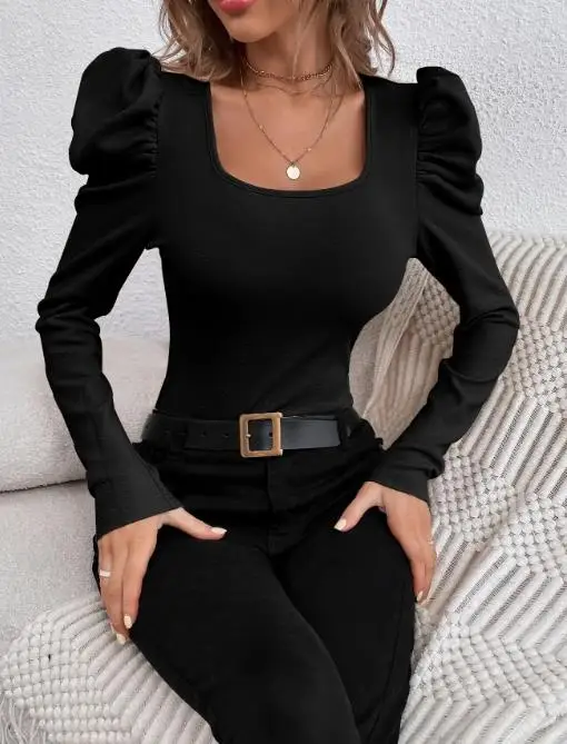 

Fashion Women's Square Neck Slim Fit Knitted Long Sleeve T-Shirt Sheep Leg Design Top 2026 Style