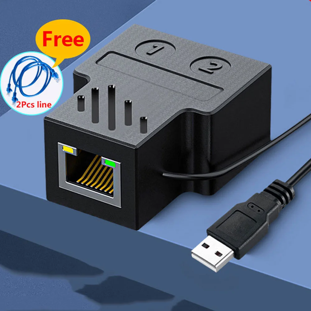 100Mbps RJ45 Ethernet Splitter 1 to 2 Network Extension with USB Power Cable 8P8C LAN Interface Internet Splitter Connector