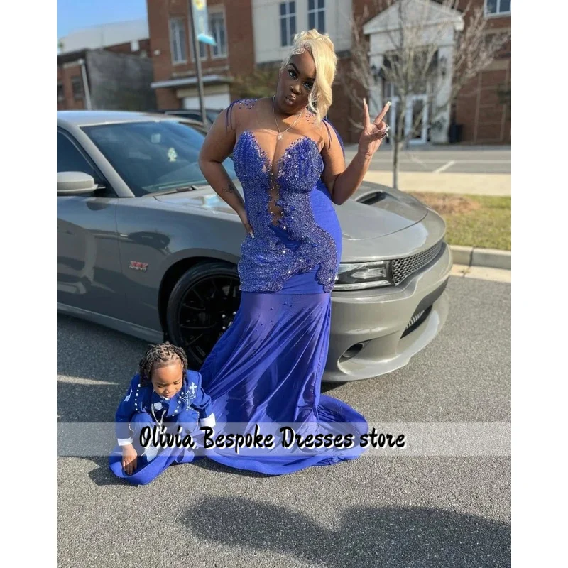 Personalizado glitter azul real sereia vestido de baile preto meninas rendas apliques cristal frisado vestido de festa de aniversário