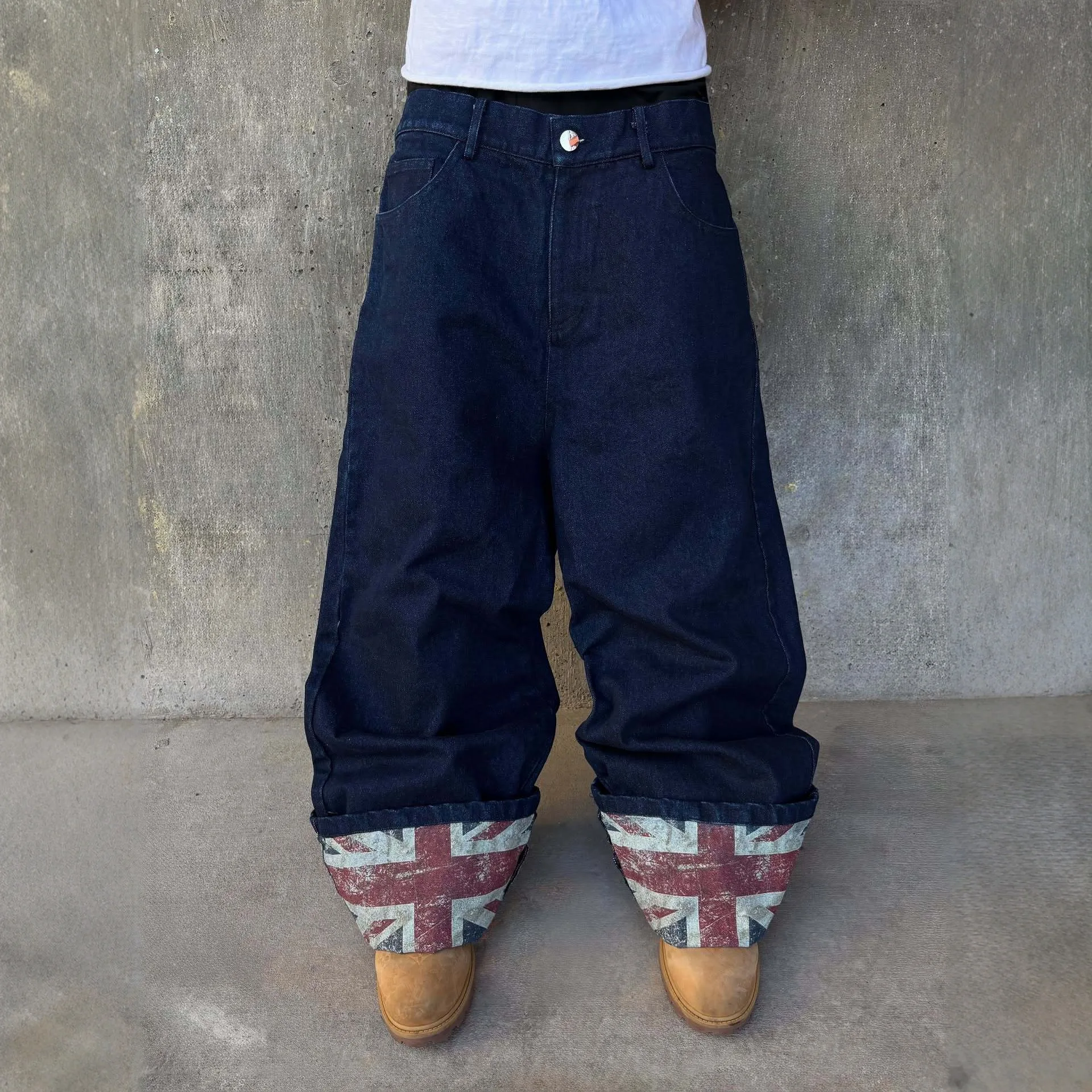 Y2K Skate Dark Blue Denim Jeans UK Flag Print Cuffed Hem Loose Wide Leg Patchwork Trousers Gothic High Street Casual Pants