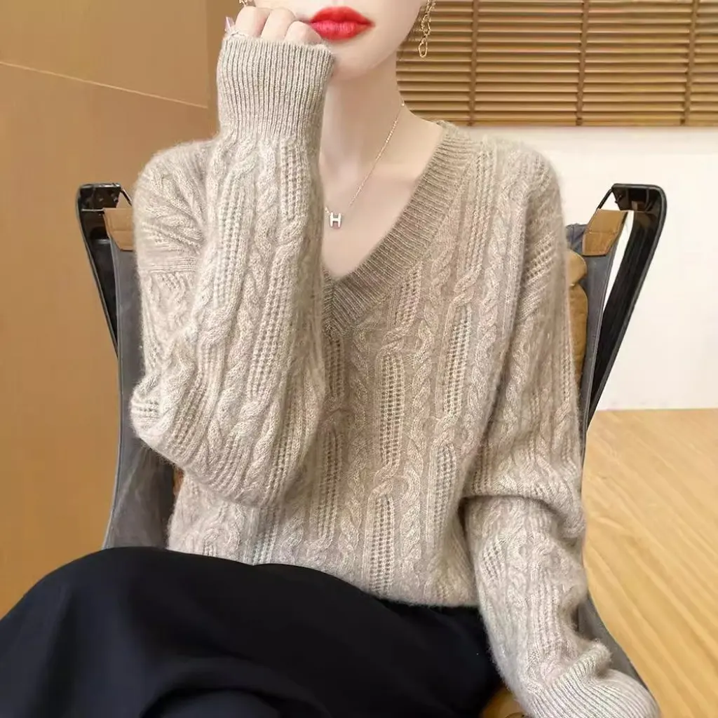 

Women's V Neck Cut out Crochet Knitwear 100% Wool Thick Autumn Winter Fashionable Lazy Style Knitted Base Top