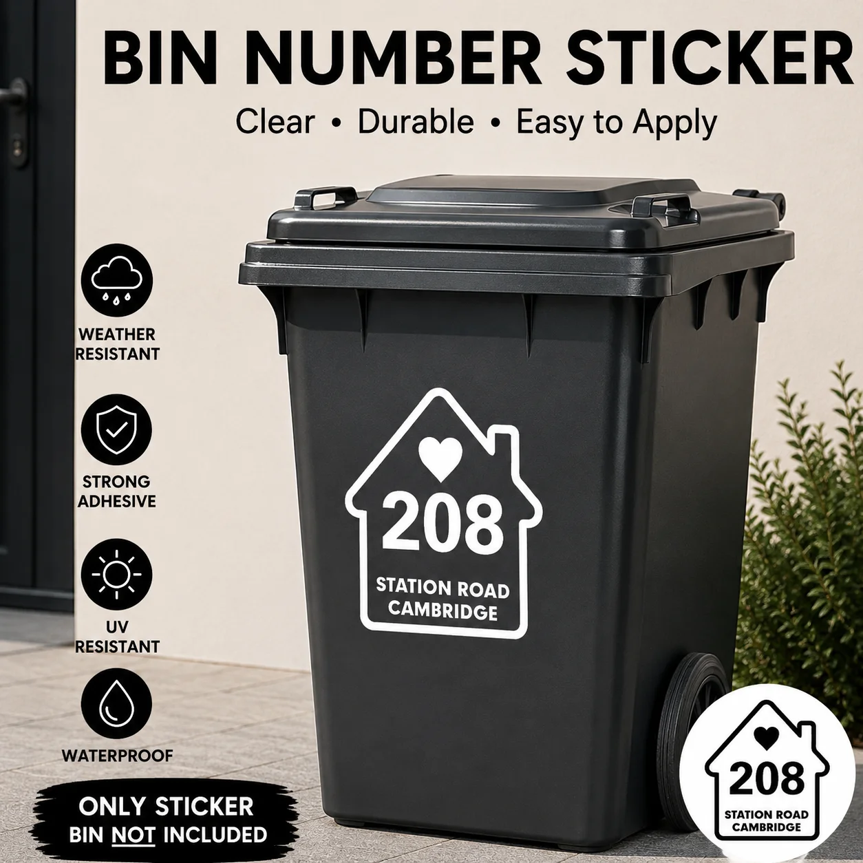 Custom Heart Symbol Wheelie Bin Number Sticker, Waterproof UV Weather Resistant Vinyl Decal, Self‑Adhesive Address Label For Out