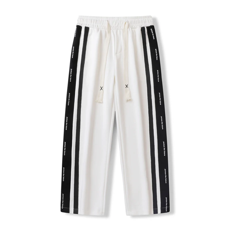 Men's Striped Solid Printed Bandage Elastic High Waisted Pockets Drawstring Loose Sports Casual Wide Leg Trousers Vintage Pants