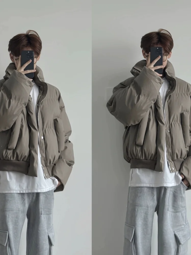 

Men's Winter PU Leather Cotton Jaet ort Loose Bread Sle Coat Stand Collar Warmth Faionable Streetwear Brand