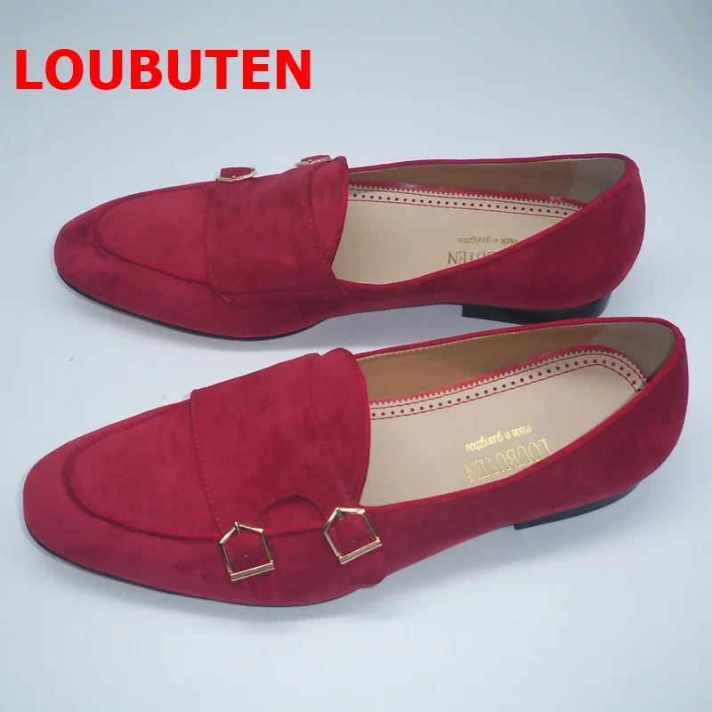 LOUBUTEN Handmade Rose Red Men Suede Loafers Dress Shoes Monk Strap Shoes For Men Casual Flats Party And Wedding Shoes