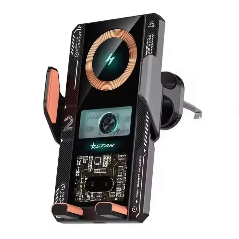 2026 Cyberpunk Transparent T8 15W Fast Car Wireless Charger Automatic Clamp Mount with LED Logo