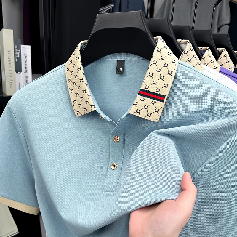 

High end designer brand short sleeve men's polo shirt trendy new summer silk cotton breathable golf top business casual T-shirt