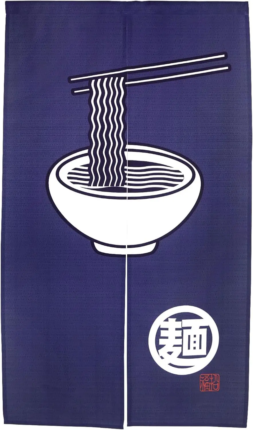 Japanese Ramen Shop Door Curtain, Dark Blue Background White Ramen Bowl & Chopsticks Print For Restaurant Entrance, Foodie