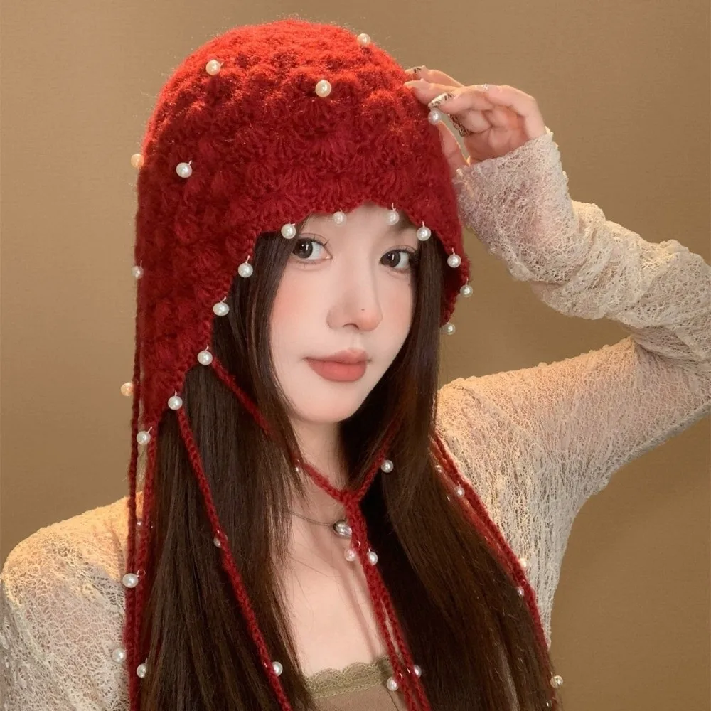 Versatile Hollow Out Knitted Pullover Hat Stretchable Winter Warm Fringed Beanie Cap Pearl Tassel Pendant Headband Hat for Women