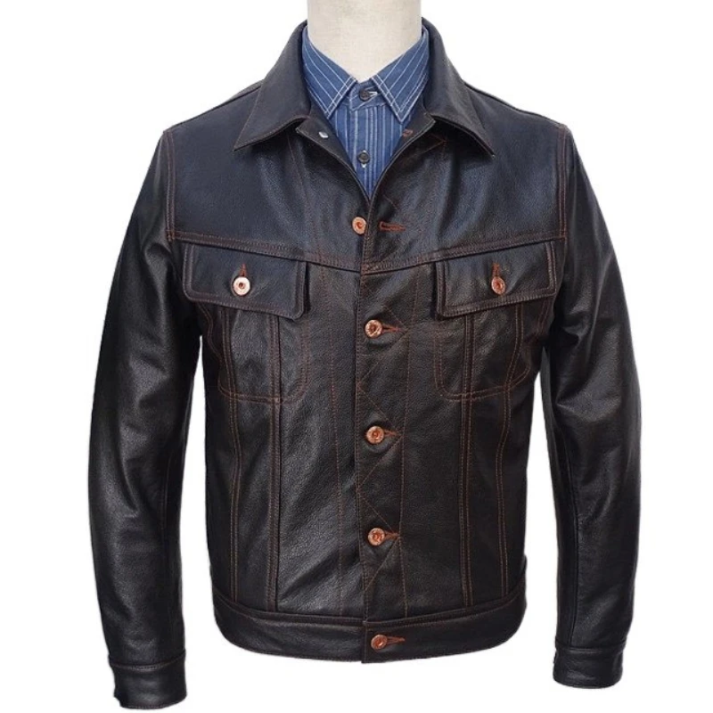 Men's Black Top-Grain Cowhide Storm Rider Leather Short Jacket Contrast Stitch Denim Style Factory Direct Sales plus size 5XL