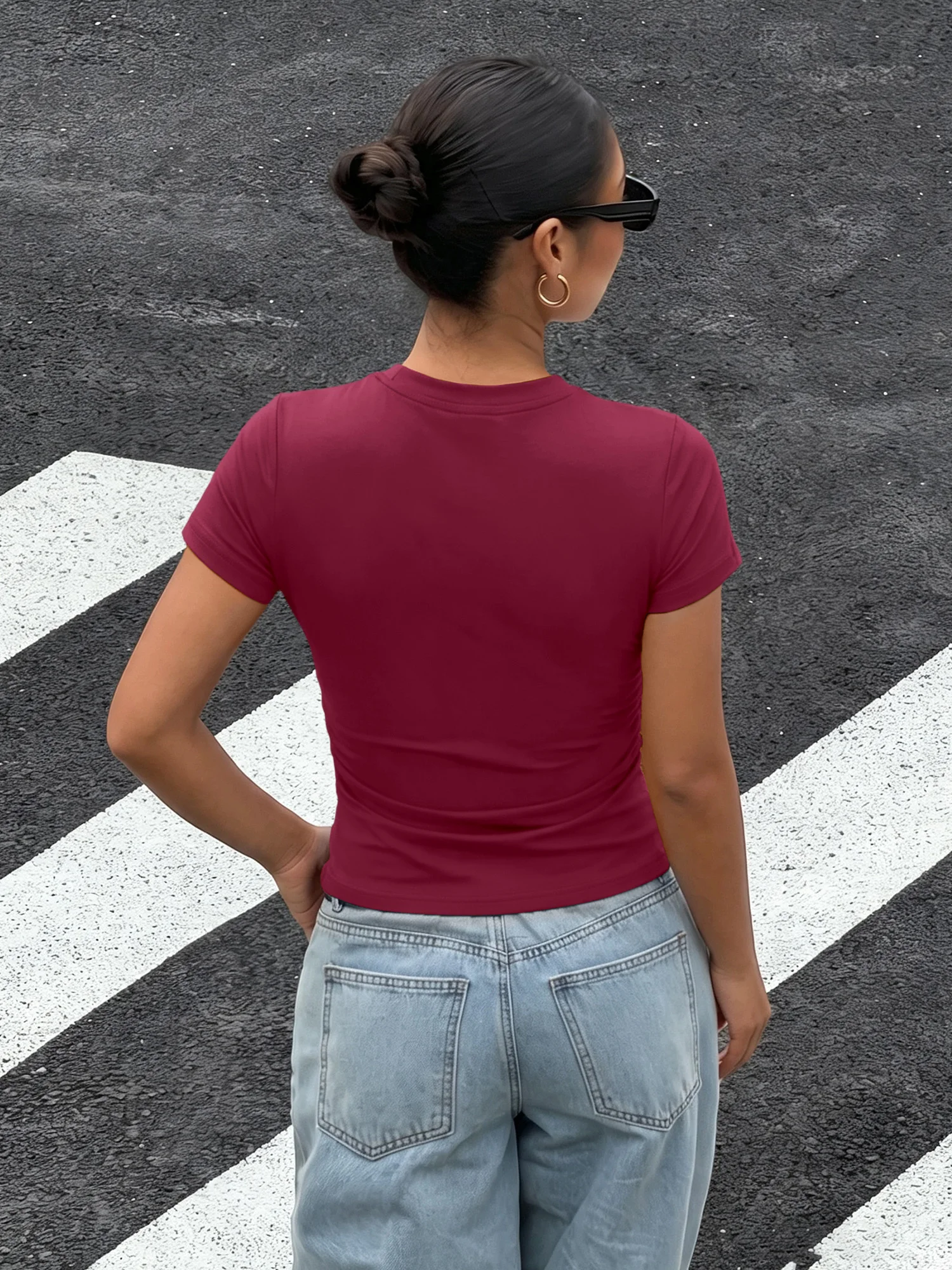 Casual Ladies Solid Bodycon Tees Crew Neck Short Sleeves Side Pleated Detail Breathable Stretch Summer Daily Wear Shirts