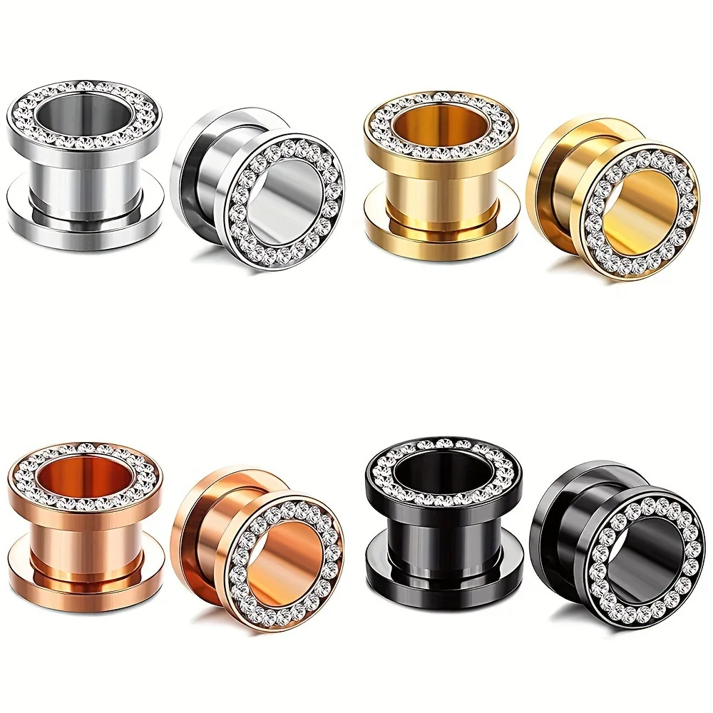 1 Pair Double Flare Stainless Steel Tunnel Specification Screw Gemstone Rhinestone Tunnel Plug Tensioner Jewelry 8G-5/8"