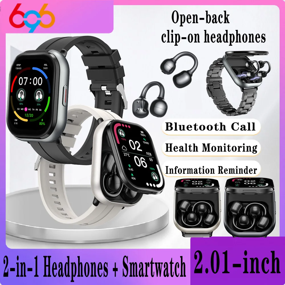 

TWS Bluetooth Headset Music Smart Watch 2 In 1 Watch Men Women Reminder BT Call 2.01" Screen Heart Rate Monitor Fitness Tracker