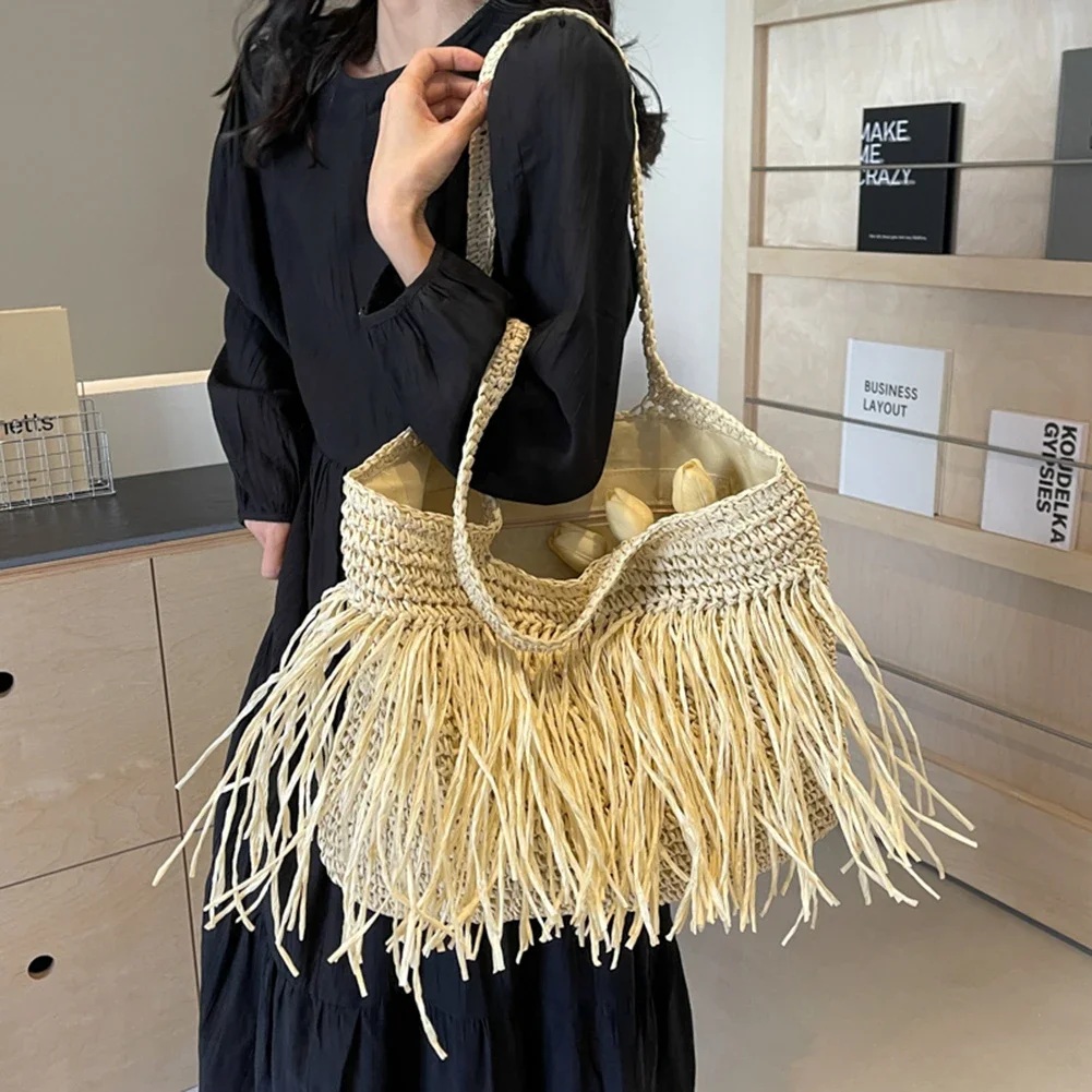 

Women Straw Woven Tote Bag Summer Beach Bags Large Capacity Weave Straw Bag Simple with Tassel for Travel Vacation