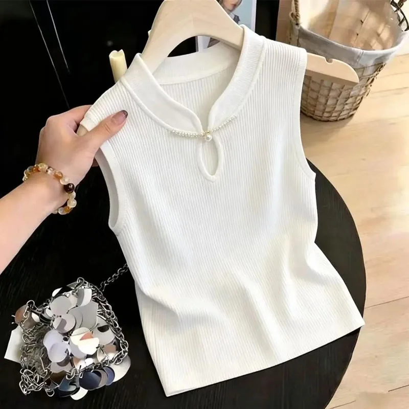 

Knitted Sweater Women Pullovers Fashion Summer O-Neck Beading Knit Sweater Pullover Women Tops Sleeveless Sueter Feminino Q3894