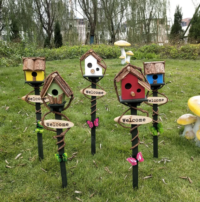 Garden Stake Birdhouse Attractive Bird Feeder Garden Stakes Wooden With Rod Rattan Birdhouse Feeder Wildbird Lawn Decor