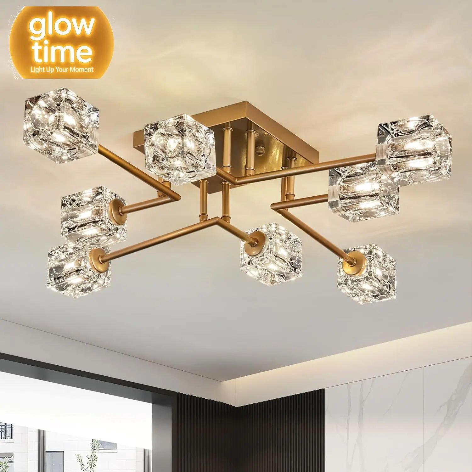 Vintage Gold Semi Flush Mount Ceiling Light 8-Light Glass Sputnik Chandeliers Mid Century Modern Crystal Ceiling Light Fixture f