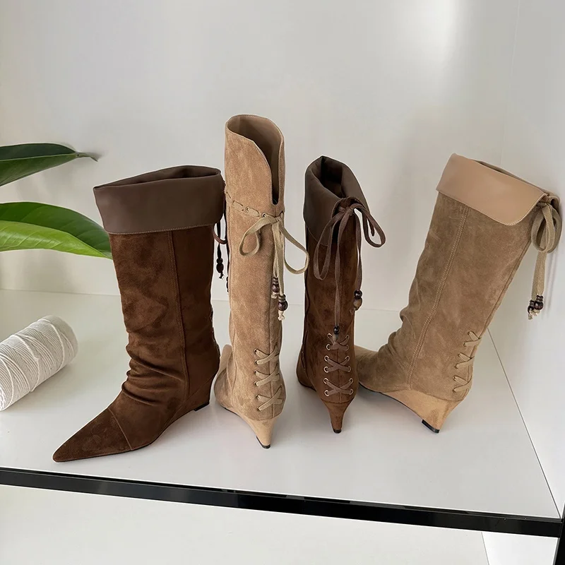 MKKHOU Women Suede Slouch Knee High Boots Pointed Toe Wedge Heel Back Lace-Up Drawstring Vintage Tall Boots Women