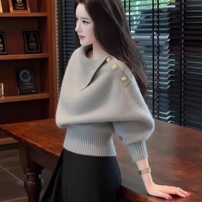 Women Turtleneck Fuzzy Knit Sweater Shoulder Golden Button Decor Loose Soft Warm Pullover Casual Top