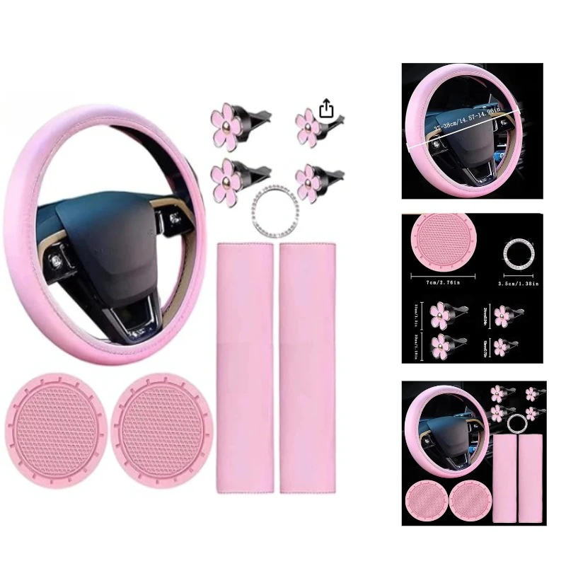 

10 Pieces Pink Fashion Steering Wheel Cover for Women, Cute Car Accessories Set With Seat Belt Shoulder Pads Cup Holders 38cm