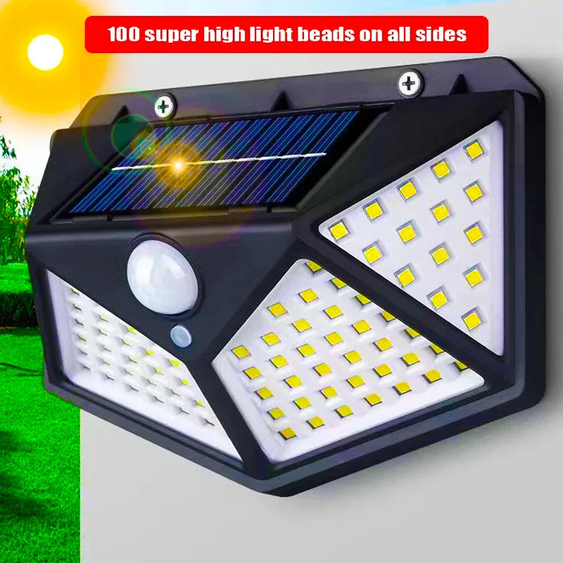 100 LED Solar Wall Lamp 4 Sides Luminous Motion Sensor Human Induction Outdoor Garden Courtyard Street Waterproof Wall Light