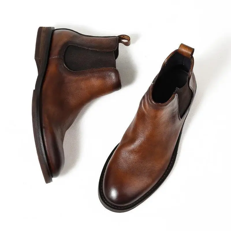 

Soft Leather Mens Chelsea Boots Luxury Handmade Quality Comfortable 2026 Round Toe Slip on British Style Ankle Social Shoes Man